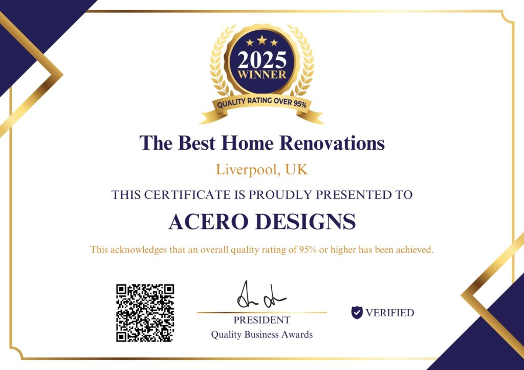 “Acero Designs 2025 Winner certificate for best home renovations in Liverpool, UK.”